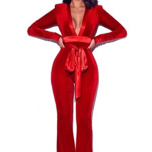 Miss Circle Red Velvet Ribbon Jumpsuit Sz. S NWT